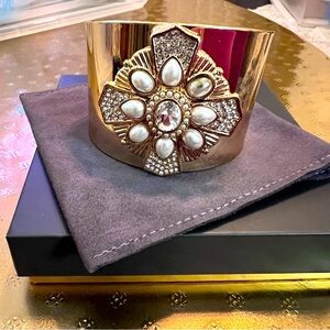Large Gold Cuff Bracelet with T-Shaped Pearl and Rhinestone Details